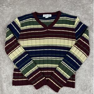 Vtg Earthtone Vneck Sweater Size M Ribbed USA Burgundy Green Tan Navy 90s Preppy